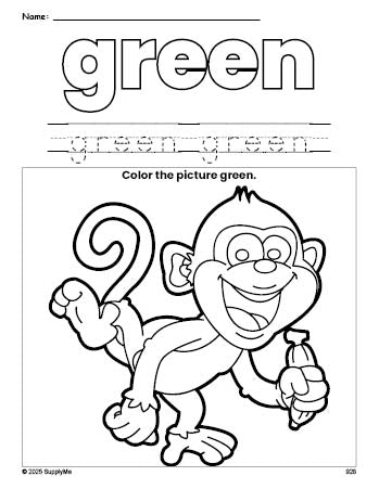 Free monkey color green coloring page and color worksheet, green worksheet for preschoolers to learn colors, printable PDF
