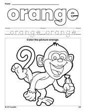 Free monkey color orange coloring page and color worksheet, orange worksheet for preschoolers to learn colors, printable PDF
