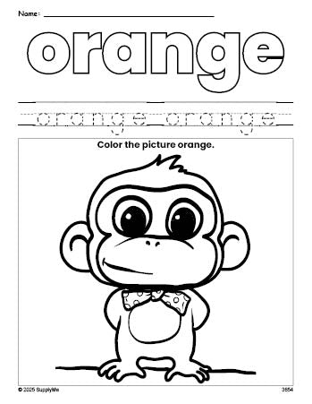 Free monkey color orange coloring page and color worksheet, orange worksheet for preschoolers to learn colors, printable PDF