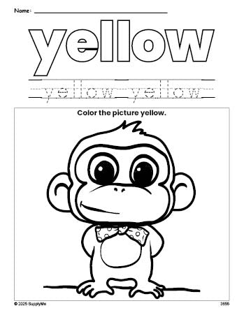 Free monkey color yellow coloring page and color worksheet, yellow worksheet for preschoolers to learn colors, printable PDF