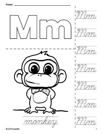 Free printable monkey coloring page and cursive letter tracing worksheet, letter m worksheet for preschool, pre-k, and kindergarten, PDF
