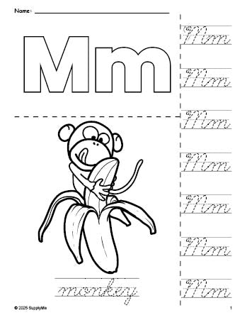 Free printable monkey coloring page and cursive letter tracing worksheet, letter m worksheet for preschool, pre-k, and kindergarten, PDF
