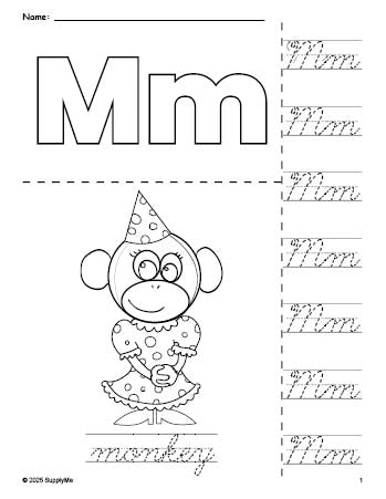 Free printable monkey coloring page and cursive letter tracing worksheet, letter m worksheet for preschool, pre-k, and kindergarten, PDF
