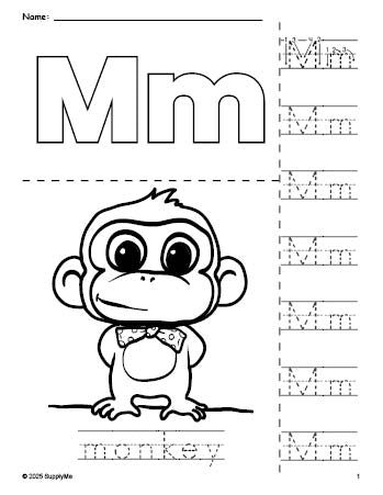Free printable monkey coloring page and letter tracing worksheet, letter m worksheet for preschool, pre-k, and kindergarten, PDF