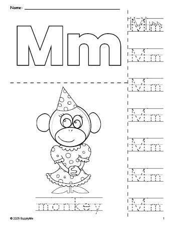 Free printable monkey coloring page and letter tracing worksheet, letter m worksheet for preschool, pre-k, and kindergarten, PDF