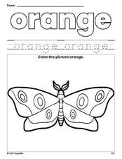 Free moth color orange coloring page and color worksheet, orange worksheet for preschoolers to learn colors, printable PDF