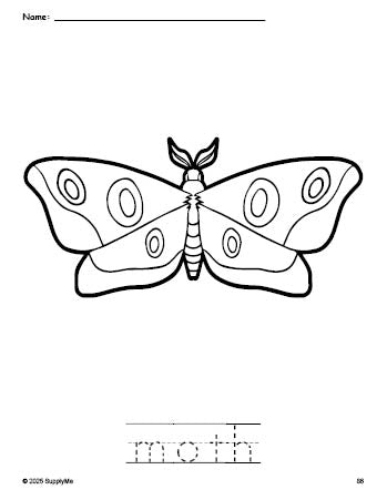 Moth Tracing FREE Printable Moth Coloring Page and Word Tracing Worksheet, Perfect ...