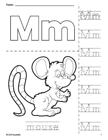 Free printable mouse coloring page and letter tracing worksheet, letter m worksheet for preschool, pre-k, and kindergarten, PDF