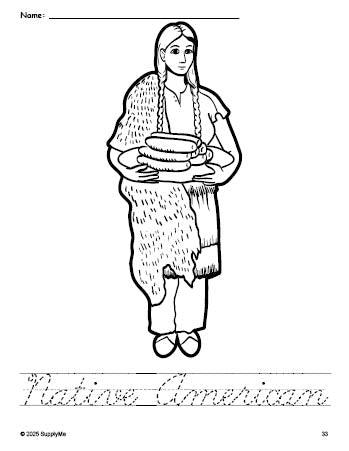 Free printable Native American Thanksgiving coloring page and cursive word tracing worksheet, perfect for preschool, pre-k, and kindergarten, PDF
