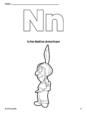 Free printable Native American Thanksgiving coloring page, letter n coloring page for preschool, pre-k, and kindergarten, PDF