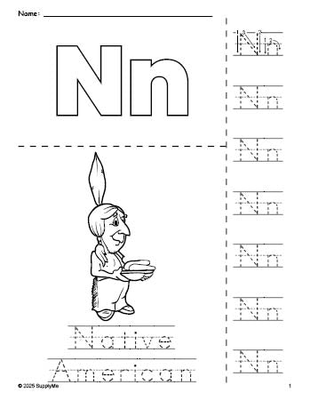 Free printable Native American Thanksgiving coloring page and letter tracing worksheet, letter n worksheet for preschool, pre-k, and kindergarten, PDF