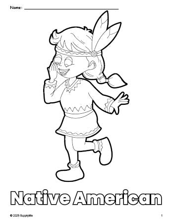 Free printable Native American Thanksgiving coloring page for preschool, pre-k, and kindergarten, PDF