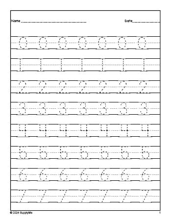 Number Tracing Worksheets Numbers 0-20, Lined