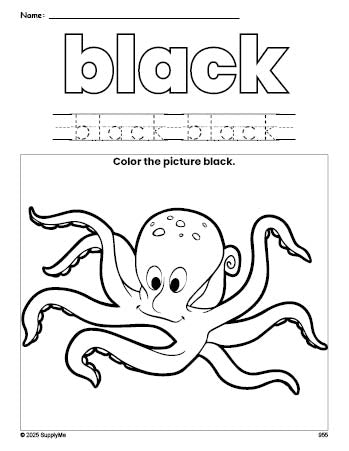 Free octopus color black coloring page and color worksheet, black worksheet for preschoolers to learn colors, printable PDF