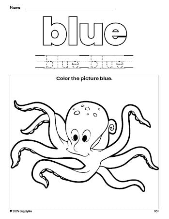 Free octopus color blue coloring page and color worksheet, blue worksheet for preschoolers to learn colors, printable PDF