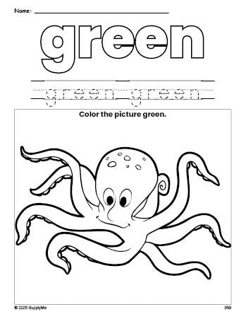 Free octopus color green coloring page and color worksheet, green worksheet for preschoolers to learn colors, printable PDF