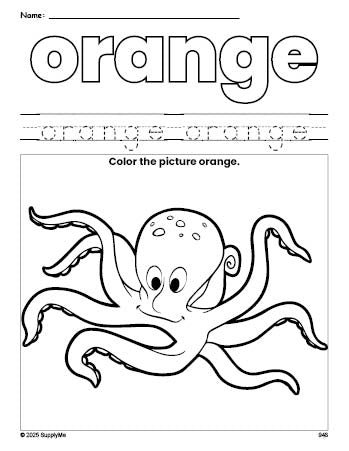 Free octopus color orange coloring page and color worksheet, orange worksheet for preschoolers to learn colors, printable PDF