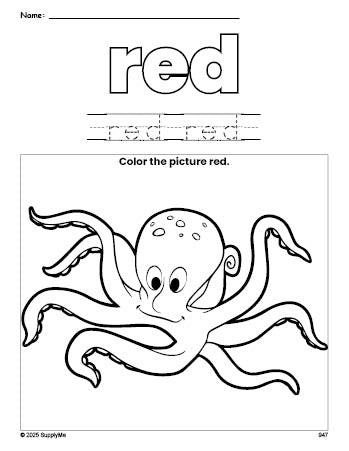 Free octopus color red coloring page and color worksheet, red worksheet for preschoolers to learn colors, printable PDF