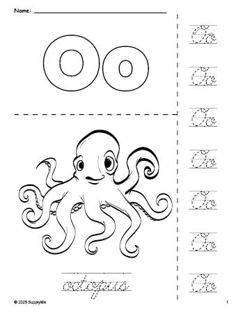 Free printable octopus coloring page and cursive letter tracing worksheet, letter o worksheet for preschool, pre-k, and kindergarten, PDF