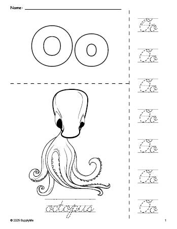 Free printable octopus coloring page and cursive letter tracing worksheet, letter o worksheet for preschool, pre-k, and kindergarten, PDF