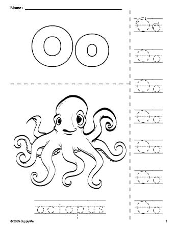 Free printable octopus coloring page and letter tracing worksheet, letter o worksheet for preschool, pre-k, and kindergarten, PDF