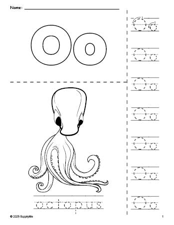 Free printable octopus coloring page and letter tracing worksheet, letter o worksheet for preschool, pre-k, and kindergarten, PDF