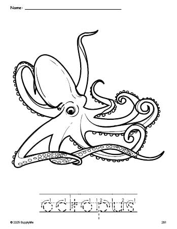 Free printable octopus coloring page and word tracing worksheet, letter formation guides, perfect for preschool, pre-k, and kindergarten, PDF