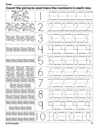 Free printable octopus counting worksheet for preschool and pre-k with number tracing practice 1-10, PDF