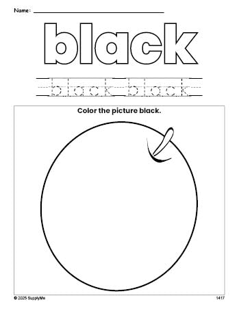 Free orange color black coloring page and color worksheet, black worksheet for preschoolers to learn colors, printable PDF