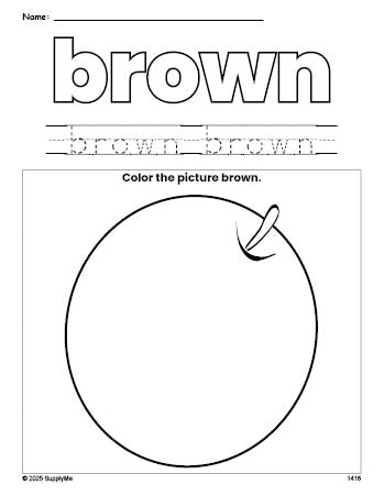 Free orange color brown coloring page and color worksheet, brown worksheet for preschoolers to learn colors, printable PDF