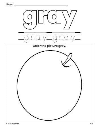 Free orange color gray coloring page and color worksheet, gray worksheet for preschoolers to learn colors, printable PDF