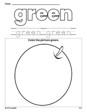 Free orange color green coloring page and color worksheet, green worksheet for preschoolers to learn colors, printable PDF