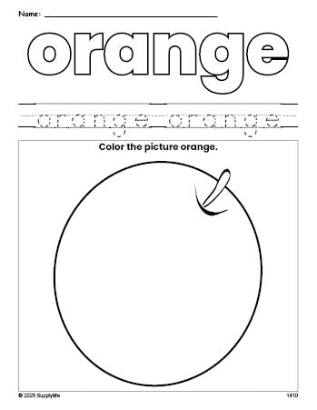 Free orange color orange coloring page and color worksheet, orange worksheet for preschoolers to learn colors, printable PDF