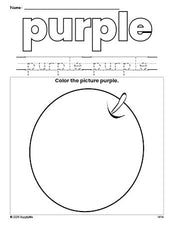 Free orange color purple coloring page and color worksheet, purple worksheet for preschoolers to learn colors, printable PDF