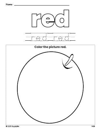 Free orange color red coloring page and color worksheet, red worksheet for preschoolers to learn colors, printable PDF