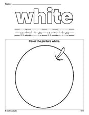 Free orange color white coloring page and color worksheet, white worksheet for preschoolers to learn colors, printable PDF