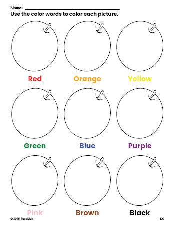 Free orange coloring page and color worksheet for preschoolers to learn colors, printable PDF