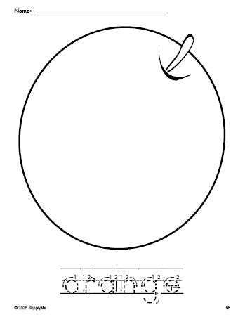 Free printable orange coloring page and word tracing worksheet, letter formation guides, perfect for preschool, pre-k, and kindergarten, PDF