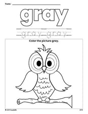 Free owl color gray coloring page and color worksheet, gray worksheet for preschoolers to learn colors, printable PDF