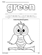 Free owl color green coloring page and color worksheet, green worksheet for preschoolers to learn colors, printable PDF