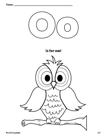 Free printable owl coloring page, letter o coloring page for preschool, pre-k, and kindergarten, PDF