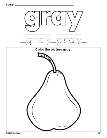 Free pear color gray coloring page and color worksheet, gray worksheet for preschoolers to learn colors, printable PDF