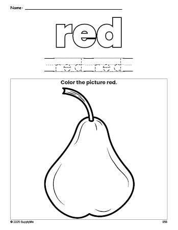 Free pear color red coloring page and color worksheet, red worksheet for preschoolers to learn colors, printable PDF