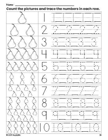 Free printable pear counting worksheet for preschool and pre-k with number tracing practice 1-10, PDF
