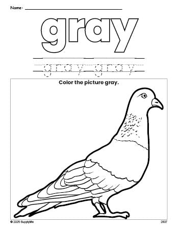 Free pigeon color gray coloring page and color worksheet, gray worksheet for preschoolers to learn colors, printable PDF