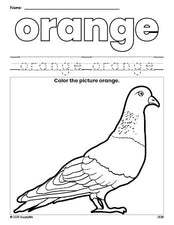 Free pigeon color orange coloring page and color worksheet, orange worksheet for preschoolers to learn colors, printable PDF