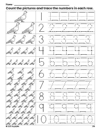 Free printable pigeon counting worksheet for preschool and pre-k with number tracing practice 1-10, PDF