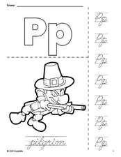 Free printable pilgrim Thanksgiving coloring page and cursive letter tracing worksheet, letter p worksheet for preschool, pre-k, and kindergarten, PDF