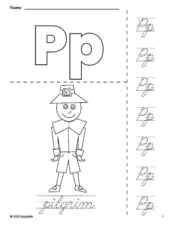 Free printable pilgrim Thanksgiving coloring page and cursive letter tracing worksheet, letter p worksheet for preschool, pre-k, and kindergarten, PDF