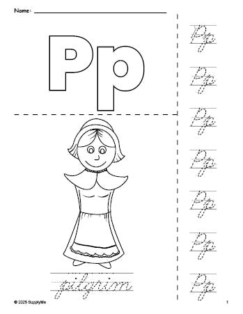 Free printable pilgrim Thanksgiving coloring page and cursive letter tracing worksheet, letter p worksheet for preschool, pre-k, and kindergarten, PDF